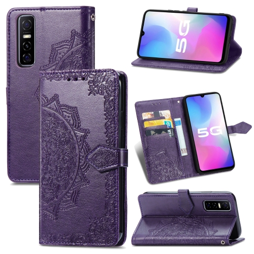 

For vivo Y73S 5G Mandala Flower Embossed Horizontal Flip Leather Case with Holder & Three Card Slots & Wallet & Lanyard(Purple)