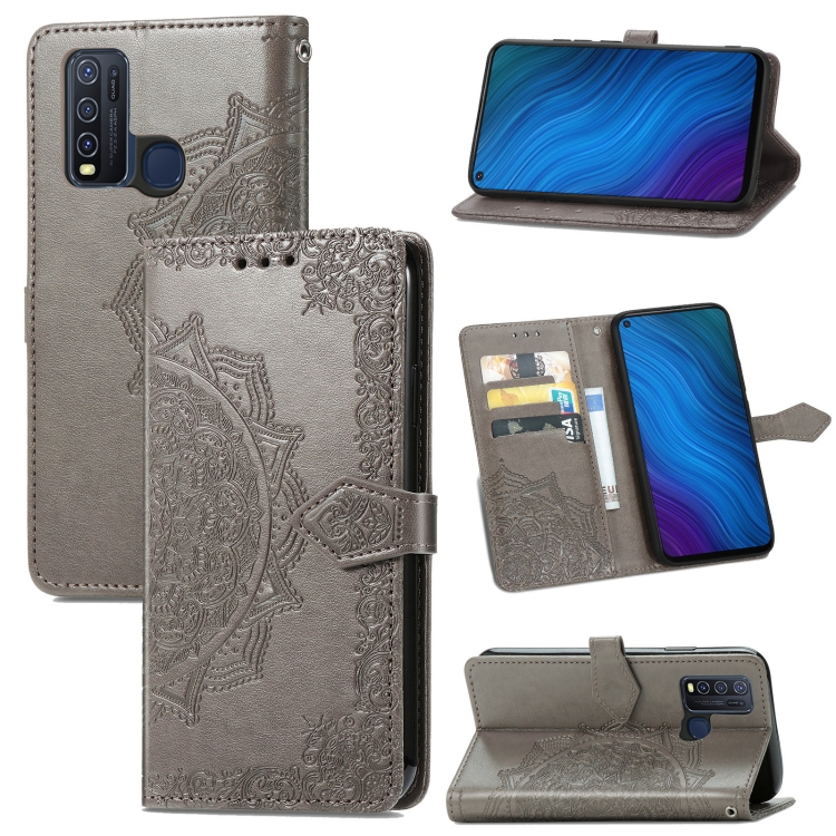 

For vivo Y50 Mandala Flower Embossed Horizontal Flip Leather Case with Holder & Three Card Slots & Wallet & Lanyard(Grey)