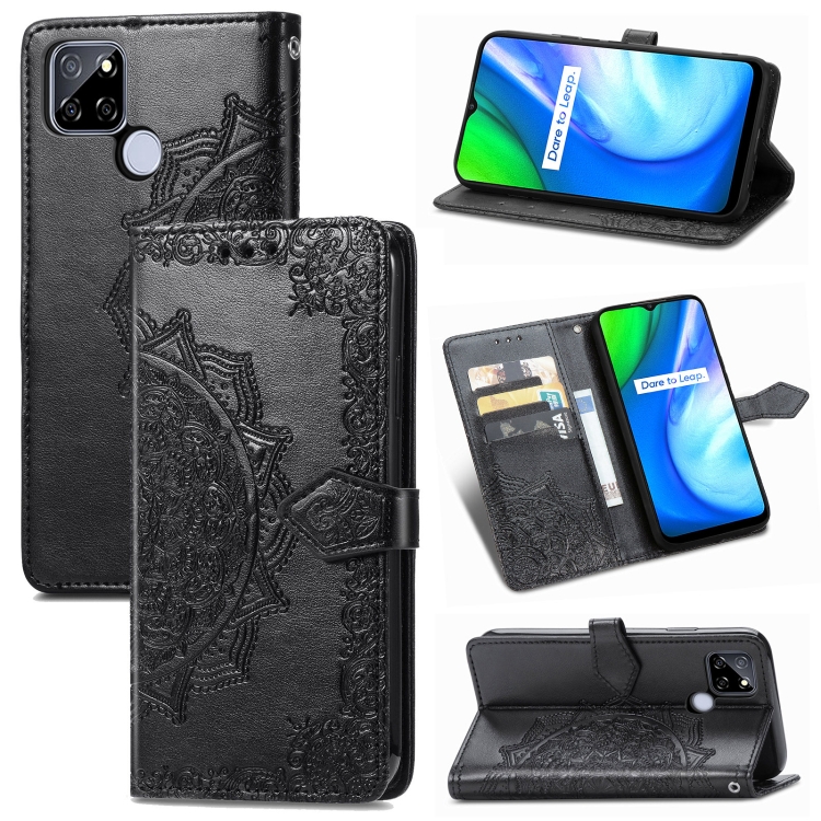 

For OPPO Realme V3 Mandala Flower Embossed Horizontal Flip Leather Case with Holder & Three Card Slots & Wallet & Lanyard(Black)