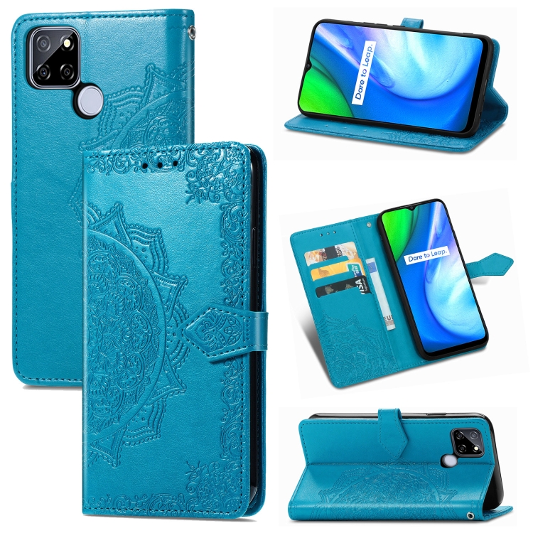 

For OPPO Realme V3 Mandala Flower Embossed Horizontal Flip Leather Case with Holder & Three Card Slots & Wallet & Lanyard(Blue)