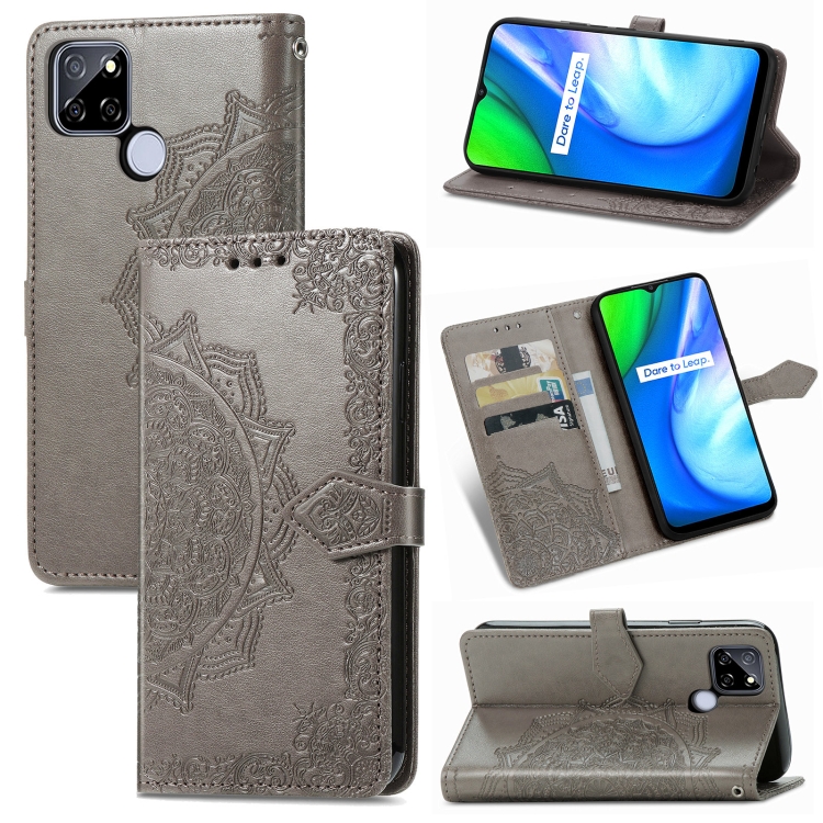 

For OPPO Realme V3 Mandala Flower Embossed Horizontal Flip Leather Case with Holder & Three Card Slots & Wallet & Lanyard(Grey)