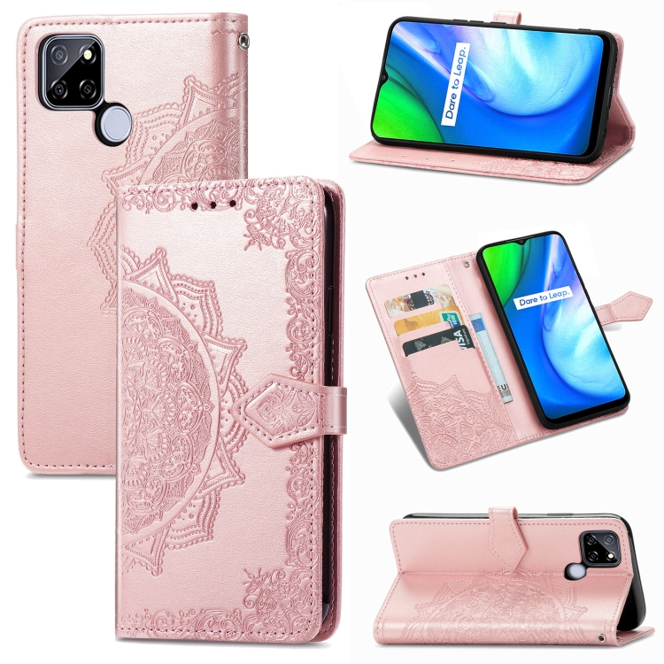 

For OPPO Realme V3 Mandala Flower Embossed Horizontal Flip Leather Case with Holder & Three Card Slots & Wallet & Lanyard(Rose Gold)