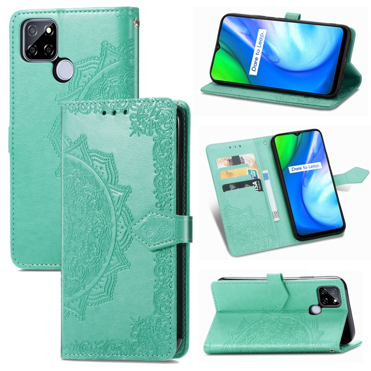 

For OPPO Realme V3 Mandala Flower Embossed Horizontal Flip Leather Case with Holder & Three Card Slots & Wallet & Lanyard(Green)