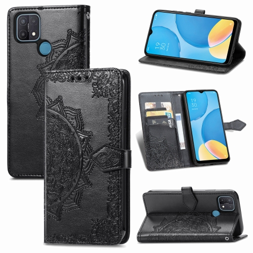 

For OPPO A15 Mandala Flower Embossed Horizontal Flip Leather Case with Holder & Three Card Slots & Wallet & Lanyard(Black)