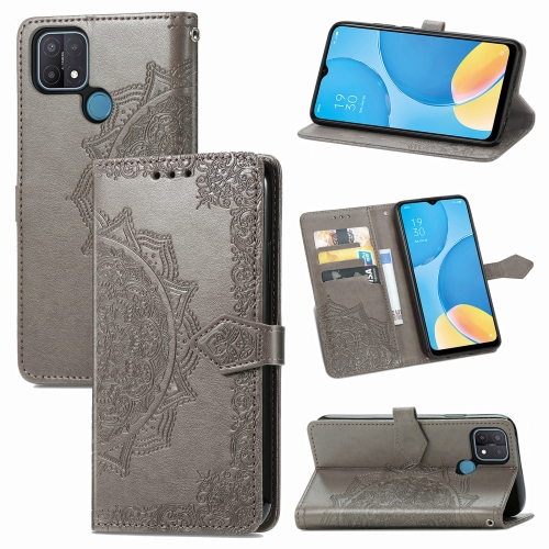 

For OPPO A15 Mandala Flower Embossed Horizontal Flip Leather Case with Holder & Three Card Slots & Wallet & Lanyard(Grey)