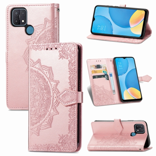 

For OPPO A15 Mandala Flower Embossed Horizontal Flip Leather Case with Holder & Three Card Slots & Wallet & Lanyard(Rose Gold)