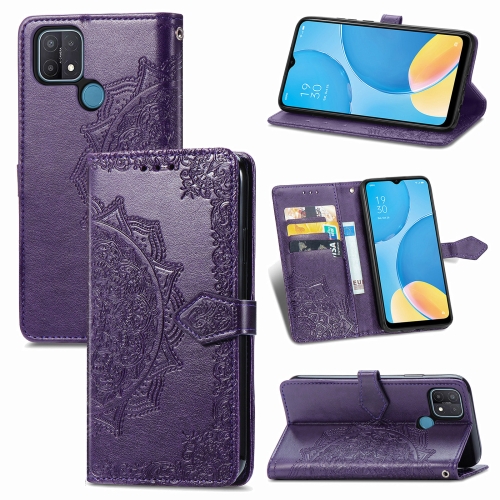 

For OPPO A15 Mandala Flower Embossed Horizontal Flip Leather Case with Holder & Three Card Slots & Wallet & Lanyard(Purple)