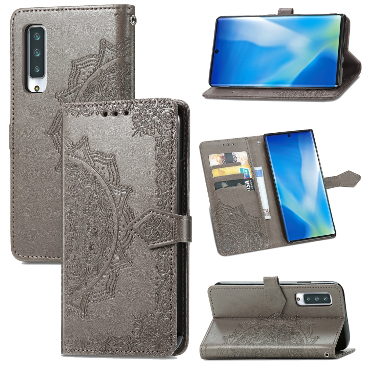 

For Fujitsu Arrows NX9 F-52A Mandala Flower Embossed Horizontal Flip Leather Case with Holder & Three Card Slots & Wallet & Lanyard(Grey)