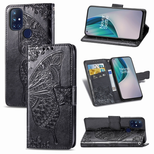 

For OnePlus Nord N10 5G Butterfly Love Flower Embossed Horizontal Flip Leather Case with Bracket / Card Slot / Wallet / Lanyard(Black)