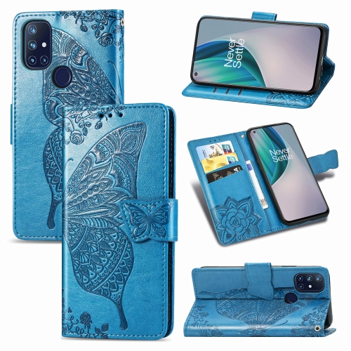 

For OnePlus Nord N10 5G Butterfly Love Flower Embossed Horizontal Flip Leather Case with Bracket / Card Slot / Wallet / Lanyard(Blue)