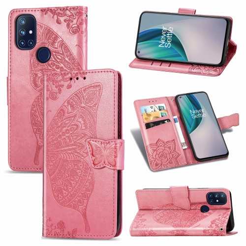 

For OnePlus Nord N10 5G Butterfly Love Flower Embossed Horizontal Flip Leather Case with Bracket / Card Slot / Wallet / Lanyard(Pink)