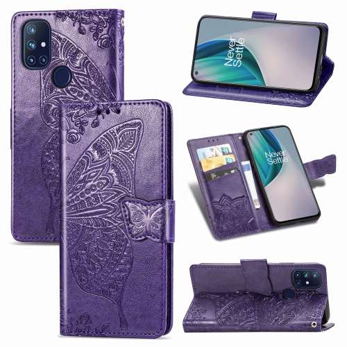 

For OnePlus Nord N10 5G Butterfly Love Flower Embossed Horizontal Flip Leather Case with Bracket / Card Slot / Wallet / Lanyard(Dark Purple)