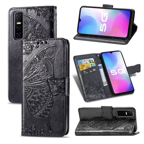 

For vivo Y73s Butterfly Love Flower Embossed Horizontal Flip Leather Case with Bracket / Card Slot / Wallet / Lanyard(Black)