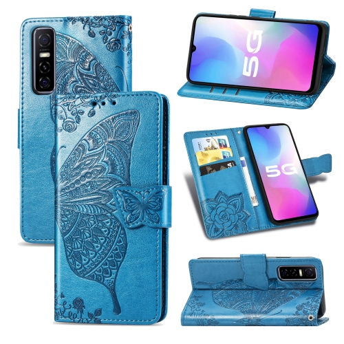 

For vivo Y73s Butterfly Love Flower Embossed Horizontal Flip Leather Case with Bracket / Card Slot / Wallet / Lanyard(Blue)