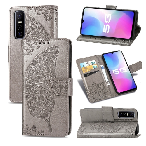 

For vivo Y73s Butterfly Love Flower Embossed Horizontal Flip Leather Case with Bracket / Card Slot / Wallet / Lanyard(Gray)