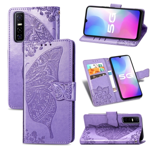 

For vivo Y73s Butterfly Love Flower Embossed Horizontal Flip Leather Case with Bracket / Card Slot / Wallet / Lanyard(Light Purple)