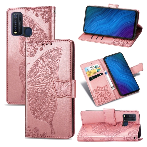 

For vivo Y50 Butterfly Love Flower Embossed Horizontal Flip Leather Case with Bracket / Card Slot / Wallet / Lanyard(Rose Gold)