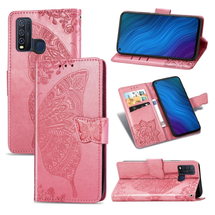

For vivo Y50 Butterfly Love Flower Embossed Horizontal Flip Leather Case with Bracket / Card Slot / Wallet / Lanyard(Pink)