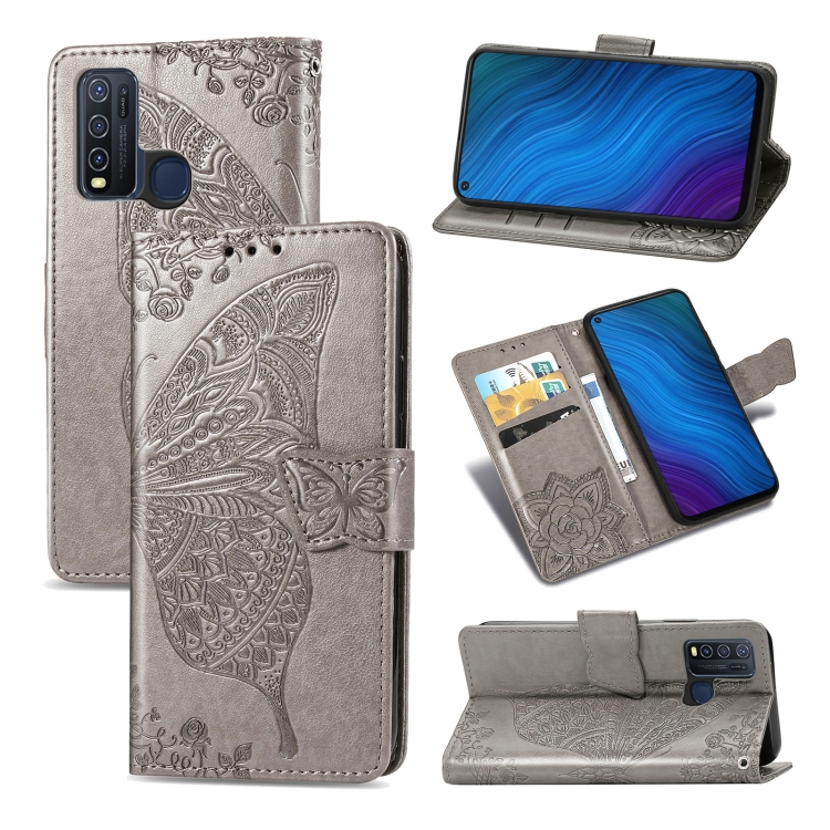 

For vivo Y50 Butterfly Love Flower Embossed Horizontal Flip Leather Case with Bracket / Card Slot / Wallet / Lanyard(Gray)