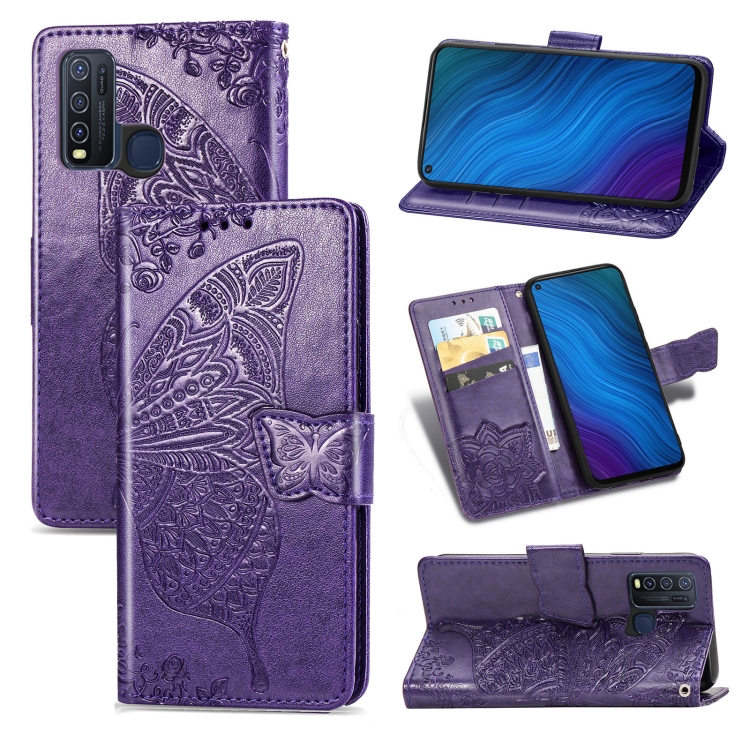 

For vivo Y50 Butterfly Love Flower Embossed Horizontal Flip Leather Case with Bracket / Card Slot / Wallet / Lanyard(Dark Purple)