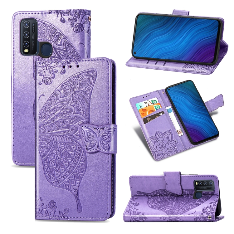 

For vivo Y50 Butterfly Love Flower Embossed Horizontal Flip Leather Case with Bracket / Card Slot / Wallet / Lanyard(Light Purple)