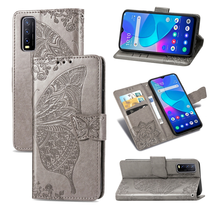 

For vivo Y20 Butterfly Love Flower Embossed Horizontal Flip Leather Case with Bracket / Card Slot / Wallet / Lanyard(Gray)