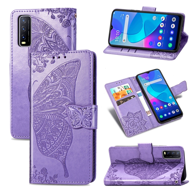 

For vivo Y20 Butterfly Love Flower Embossed Horizontal Flip Leather Case with Bracket / Card Slot / Wallet / Lanyard(Light Purple)