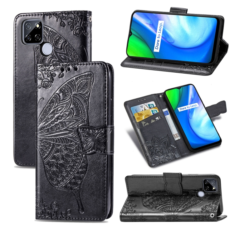 

For OPPO Realme V3 Butterfly Love Flower Embossed Horizontal Flip Leather Case with Bracket / Card Slot / Wallet / Lanyard(Black)