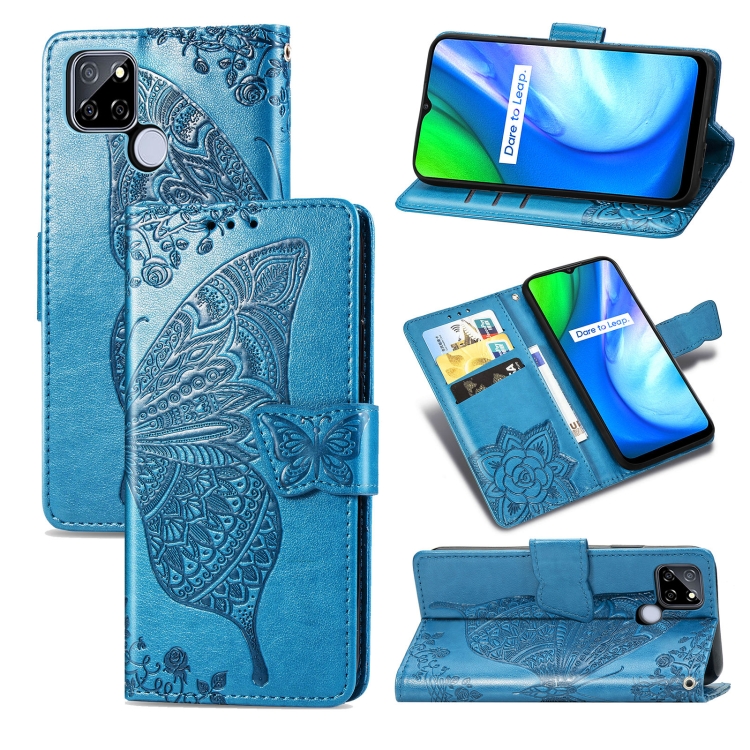 

For OPPO Realme V3 Butterfly Love Flower Embossed Horizontal Flip Leather Case with Bracket / Card Slot / Wallet / Lanyard(Blue)