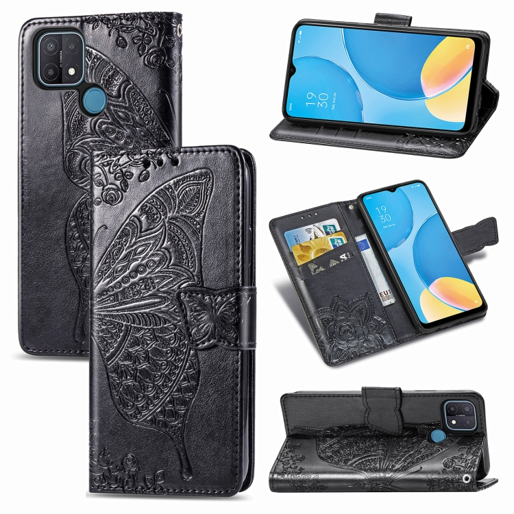 

For OPPO A15 Butterfly Love Flower Embossed Horizontal Flip Leather Case with Bracket / Card Slot / Wallet / Lanyard(Black)