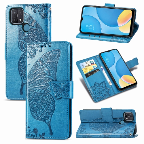 

For OPPO A15 Butterfly Love Flower Embossed Horizontal Flip Leather Case with Bracket / Card Slot / Wallet / Lanyard(Blue)