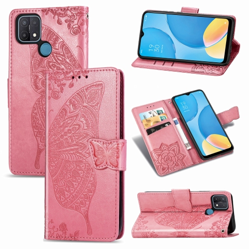 

For OPPO A15 Butterfly Love Flower Embossed Horizontal Flip Leather Case with Bracket / Card Slot / Wallet / Lanyard(Pink)