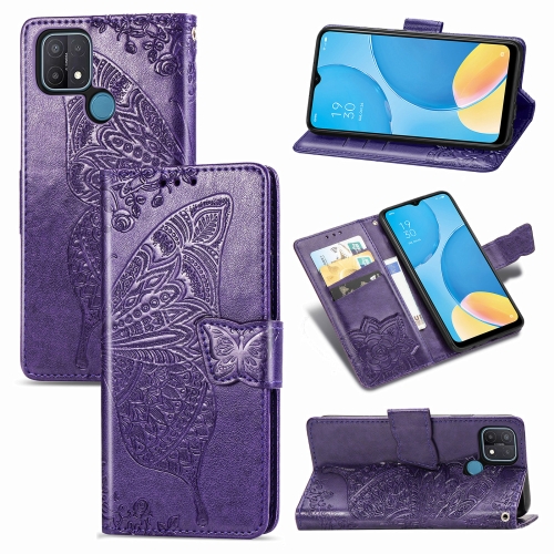 

For OPPO A15 Butterfly Love Flower Embossed Horizontal Flip Leather Case with Bracket / Card Slot / Wallet / Lanyard(Dark Purple)
