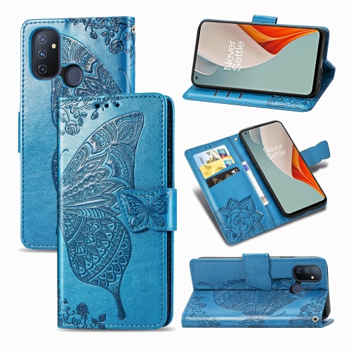 

For OnePlus Nord N100 Butterfly Love Flower Embossed Horizontal Flip Leather Case with Bracket / Card Slot / Wallet / Lanyard(Blue)