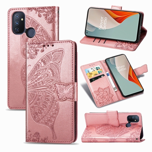 

For OnePlus Nord N100 Butterfly Love Flower Embossed Horizontal Flip Leather Case with Bracket / Card Slot / Wallet / Lanyard(Rose Gold)