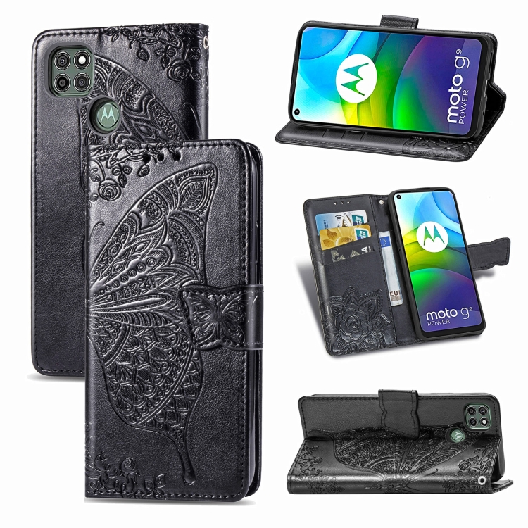

For Motorola Moto G9 Power Butterfly Love Flower Embossed Horizontal Flip Leather Case with Bracket / Card Slot / Wallet / Lanyard(Black)