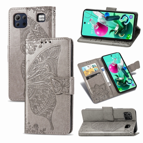 

For LG K92 5G Butterfly Love Flower Embossed Horizontal Flip Leather Case with Bracket / Card Slot / Wallet / Lanyard(Gray)