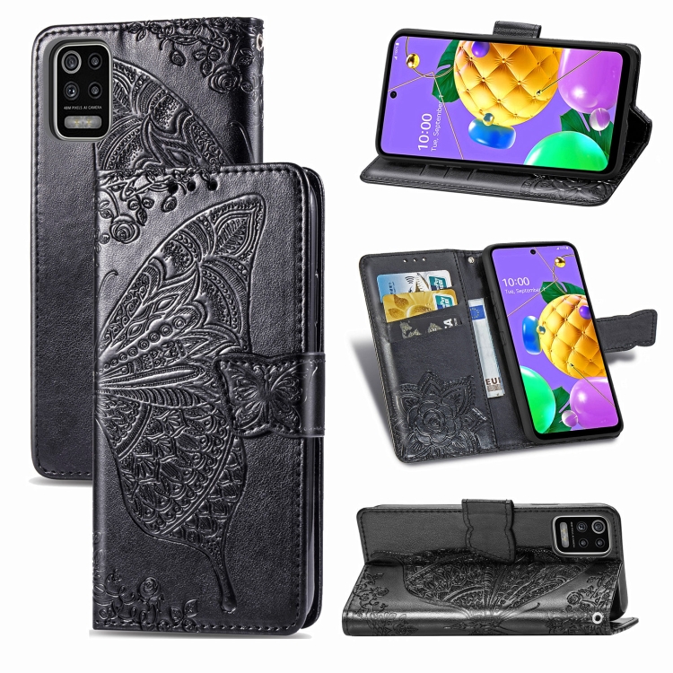 

For LG K52 Butterfly Love Flower Embossed Horizontal Flip Leather Case with Bracket / Card Slot / Wallet / Lanyard(Black)