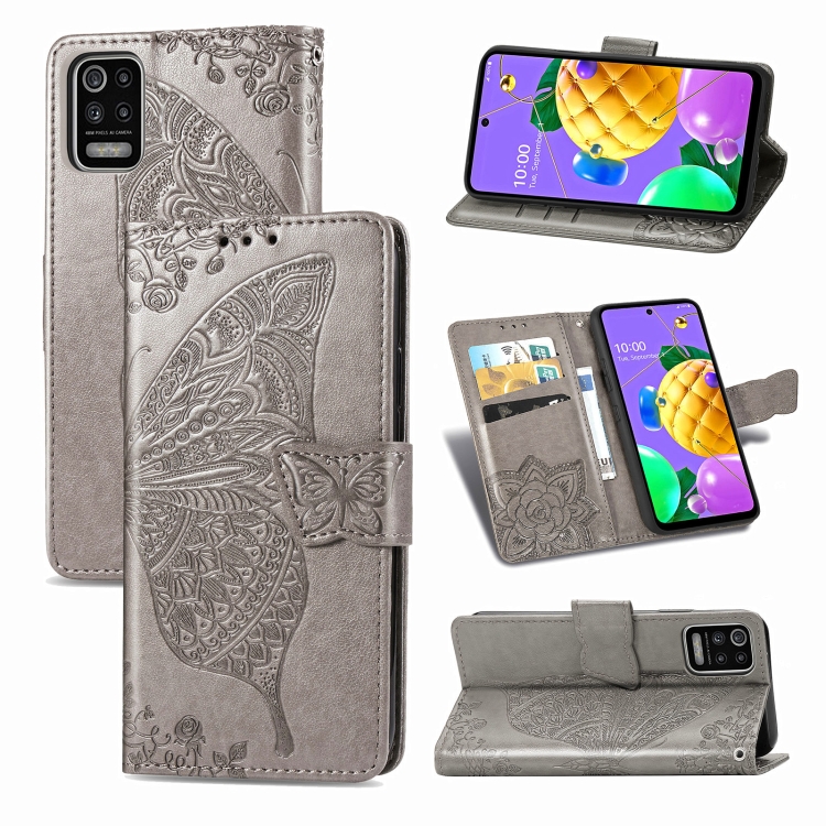 

For LG K52 Butterfly Love Flower Embossed Horizontal Flip Leather Case with Bracket / Card Slot / Wallet / Lanyard(Gray)