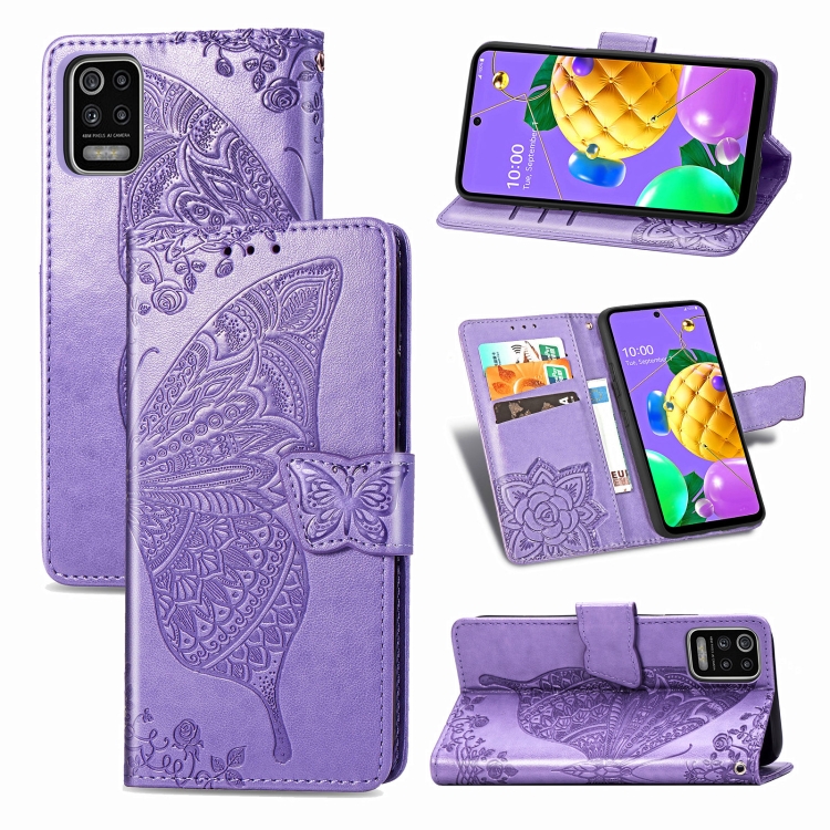 

For LG K52 Butterfly Love Flower Embossed Horizontal Flip Leather Case with Bracket / Card Slot / Wallet / Lanyard(Light Purple)