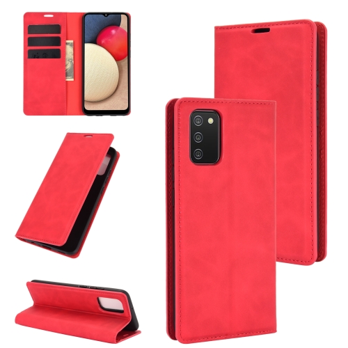 

For Samsung Galaxy A02s (EU Version) Retro-skin Business Magnetic Suction Leather Case with Holder & Card Slots & Wallet(Red)