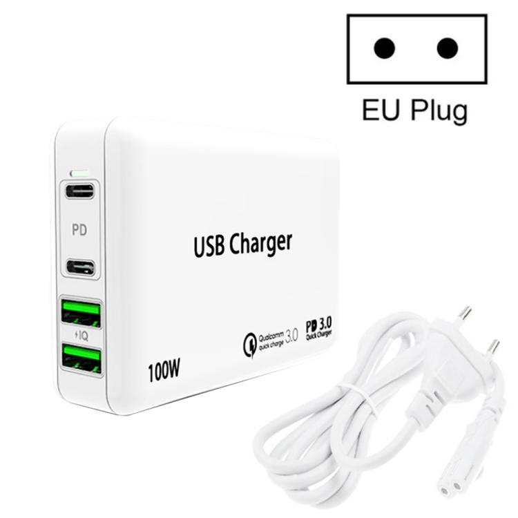 

PD 100W Dual USB-C / Type-C + Dual USB 4-port Charger with Power Cable for Apple / Huawei / Samsung Laptop EU Plug