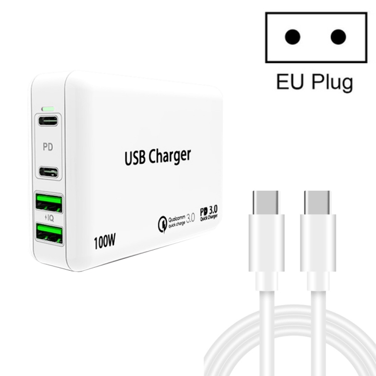 

PD100W-A9 PD100W Dual Dort USB-C / Type-C + Dual USB Charger with 5A USB-C / Type-C to USB-C / Type-C Fast Charging Cable for Apple MacBook Series EU Plug