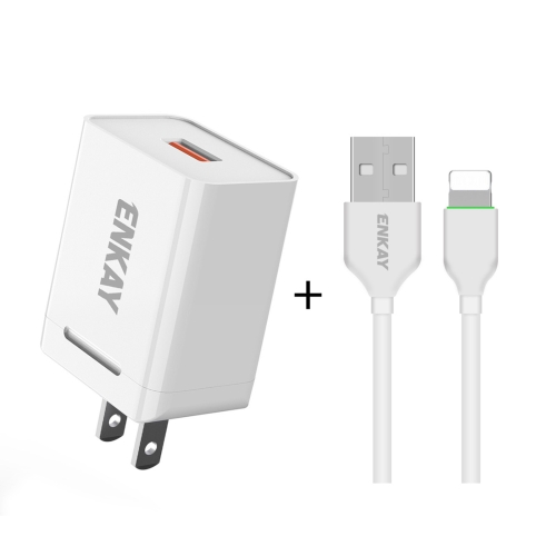 

ENKAY Hat-Prince U036 18W 3A QC3.0 Fast Charging Power Adapter US Plug Portable Travel Charger With 3A 1m 8 Pin Cable