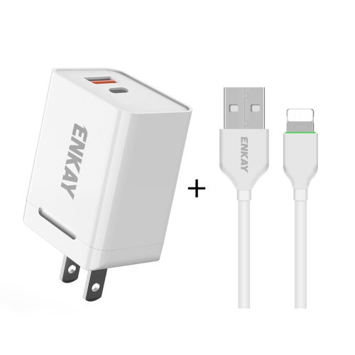 

ENKAY Hat-Prince U033 18W 3A PD + QC3.0 Dual USB Fast Charging Power Adapter US Plug Portable Travel Charger With 1m 3A 8 Pin Cable