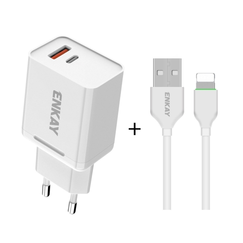 

ENKAY Hat-Prince T030 18W 3A PD + QC3.0 Dual USB Fast Charging Power Adapter EU Plug Portable Travel Charger With 1m 3A 8 Pin Cable