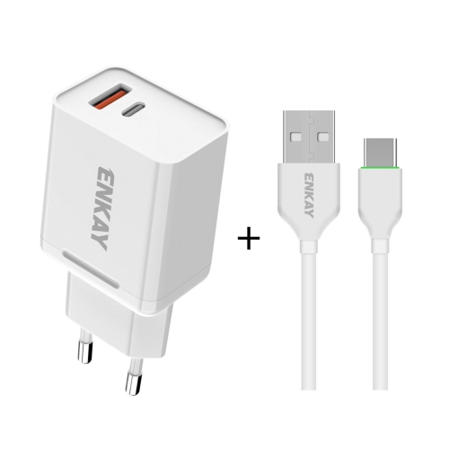 

ENKAY Hat-Prince T030 18W 3A PD + QC3.0 Dual USB Fast Charging Power Adapter EU Plug Portable Travel Charger With 1m 3A Type-C Cable