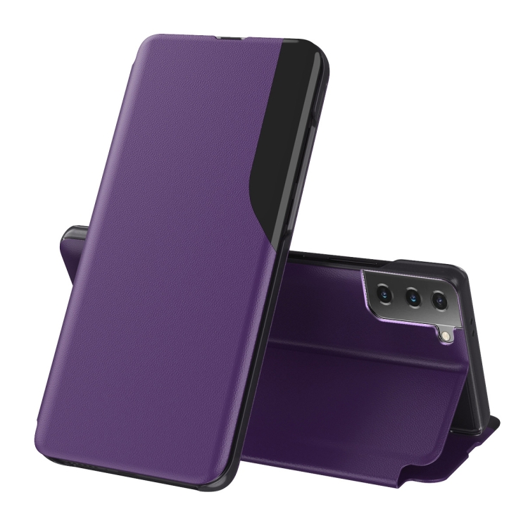 

For Samsung Galaxy S21+ 5G Side Display Magnetic Shockproof Horizontal Flip Leather Case with Holder(Purple)