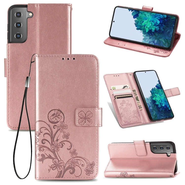 

For Samsung Galaxy S21+ 5G Four-leaf Clasp Embossed Buckle Leather Case with Lanyard & Card Slots & Wallet & Holder (Rose Gold)