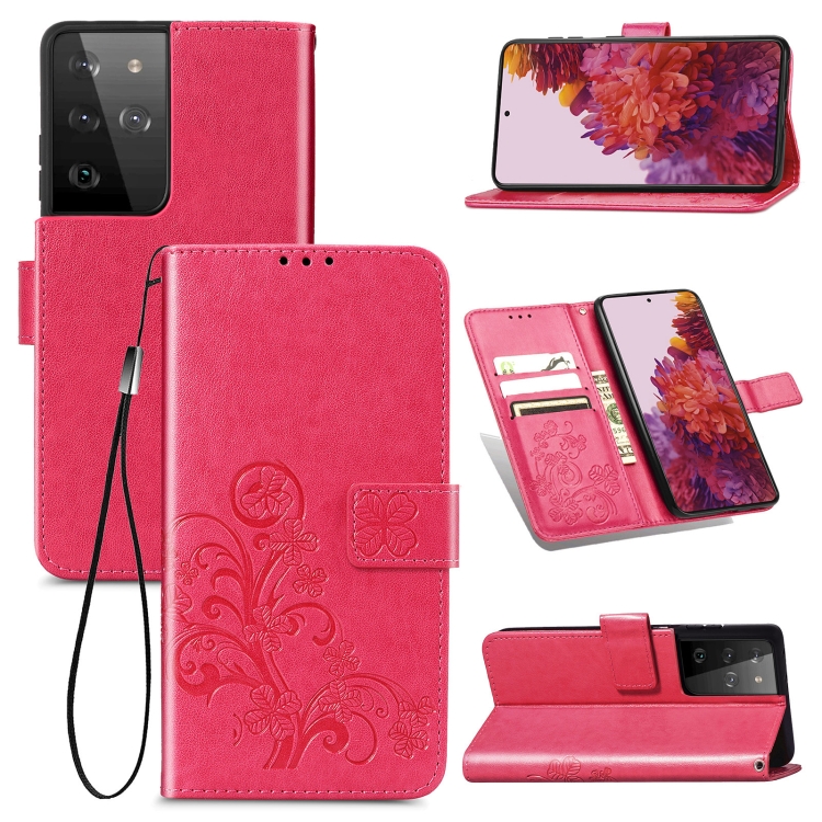 

Four-leaf Clasp Embossed Buckle Mobile Phone Protection Leather Case with Lanyard & Card Slot & Wallet & Bracket Function For Samsung Galaxy S21 Ultra 5G(Magenta)